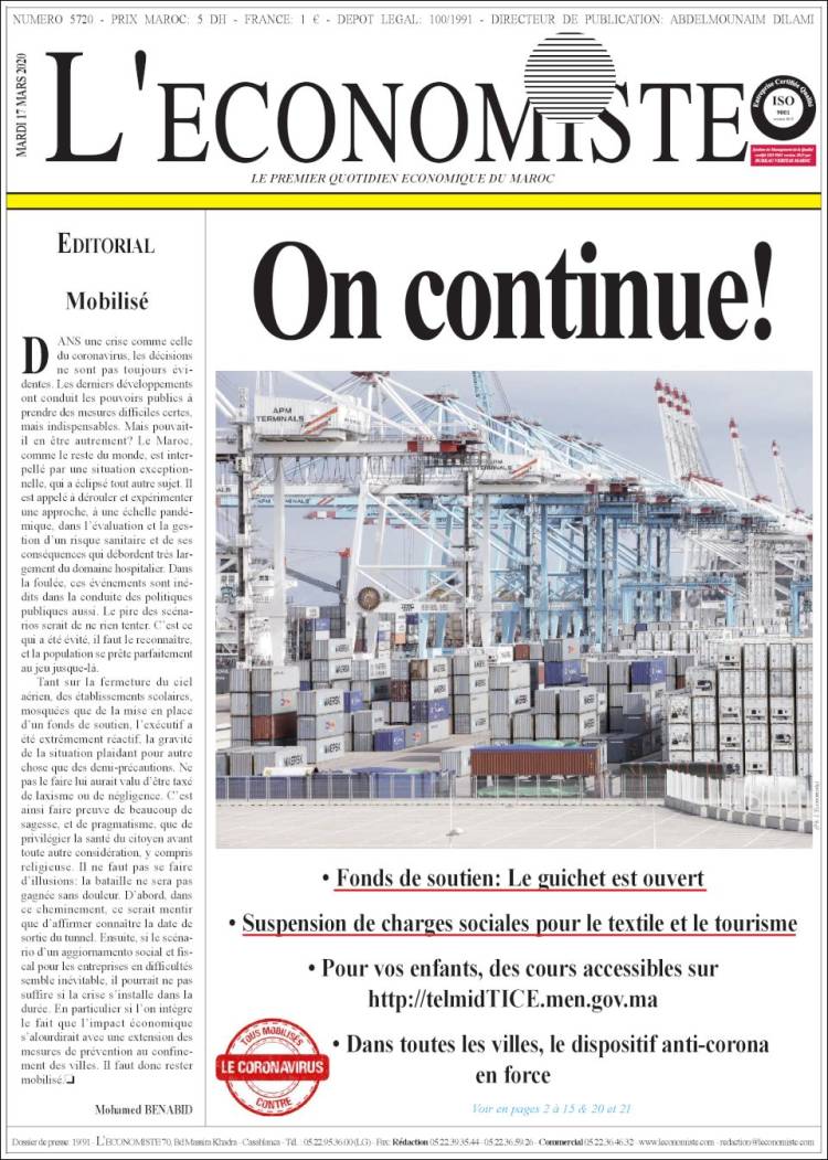 Portada de L'Economiste (Marruecos)