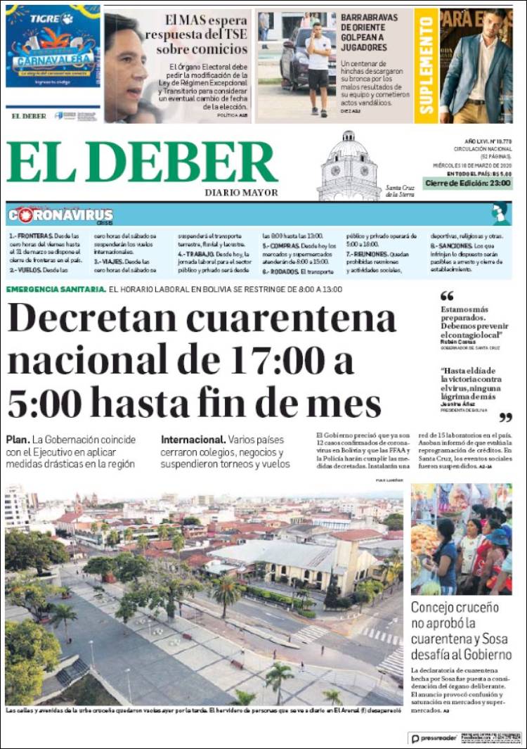 Portada de El Deber (Bolivia)