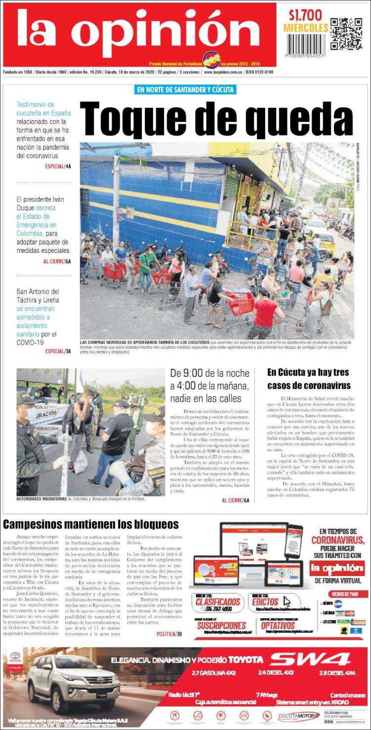 Portada de Diario La Opinion (Colombia)