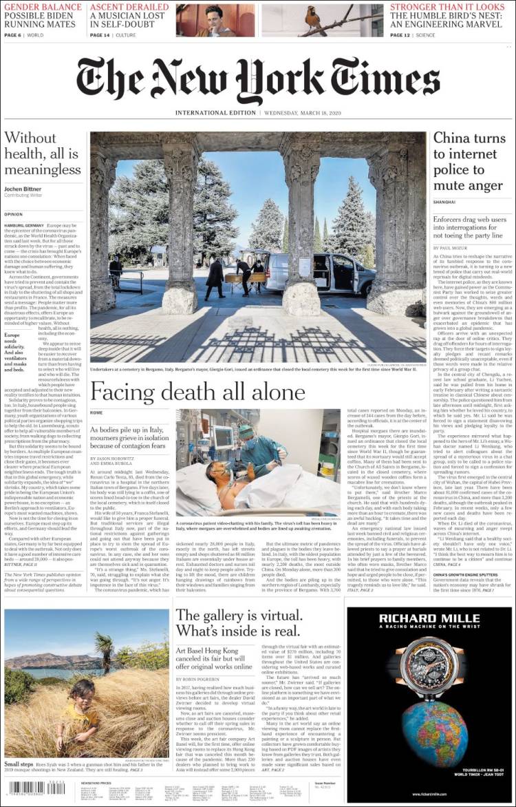 Portada de International New York Times (Europa)