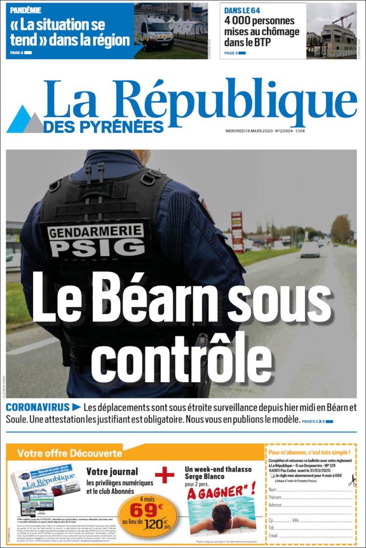 Portada de La République des Pyrénées (Francia)