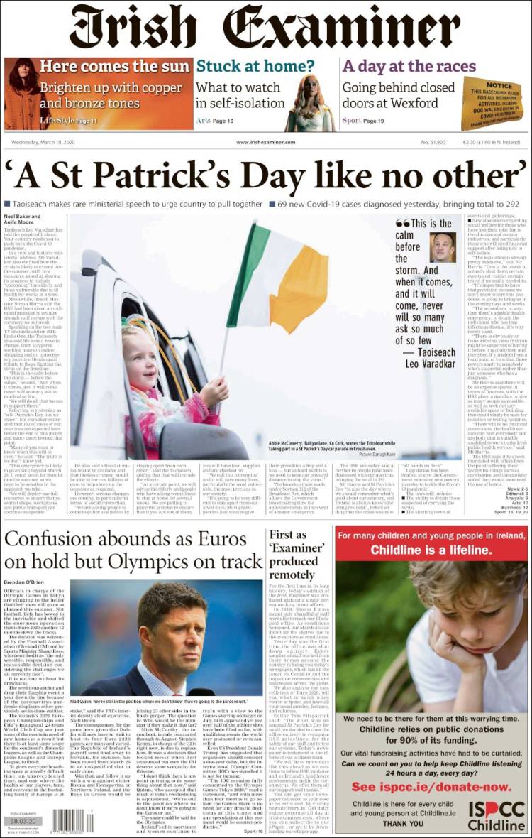 Portada de Irish Examiner (Irlanda)
