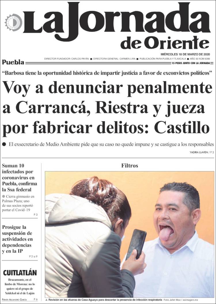 Portada de La Jornada de Oriente - Puebla (M&eacute;xico)