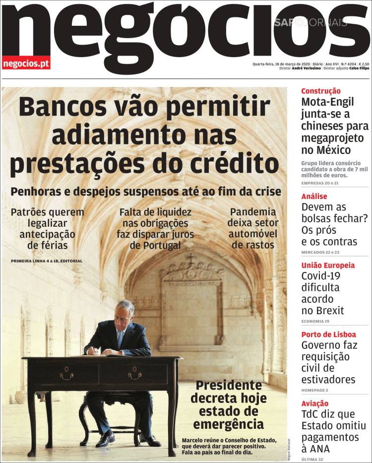 Portada de Jornal de Negócios (Portugal)