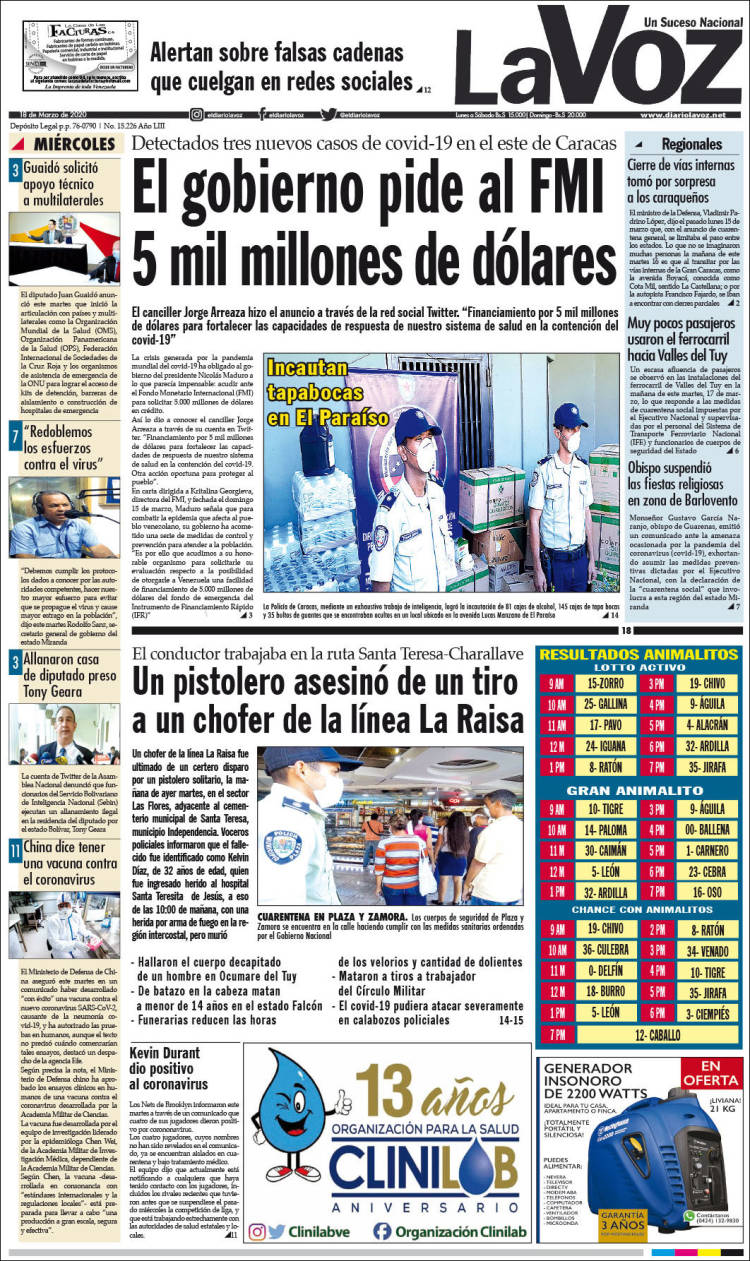 Portada de Diario La Voz (Venezuela)