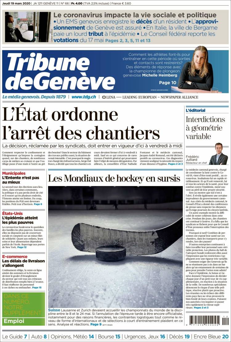 Portada de La Tribune de Genève (Suiza)