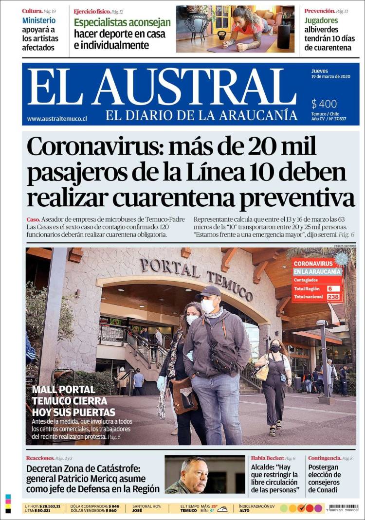 Portada de El Austral de Temuco (Chile)