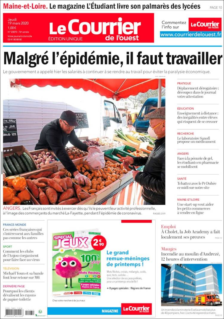 Portada de Le Courrier de l'Ouest (Francia)