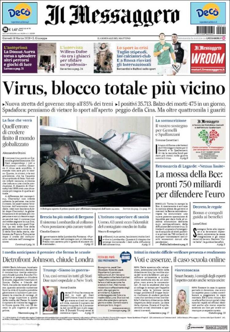 Portada de Il Messaggero (Italia)