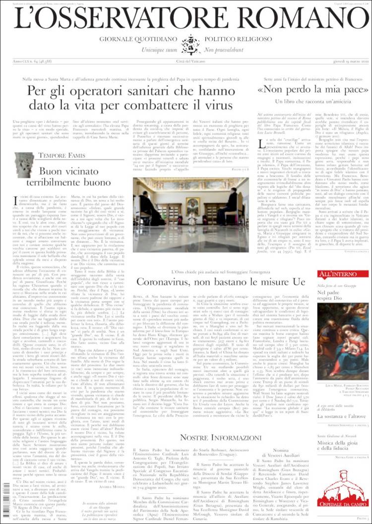 Portada de L'Osservatore Romano (Italia)