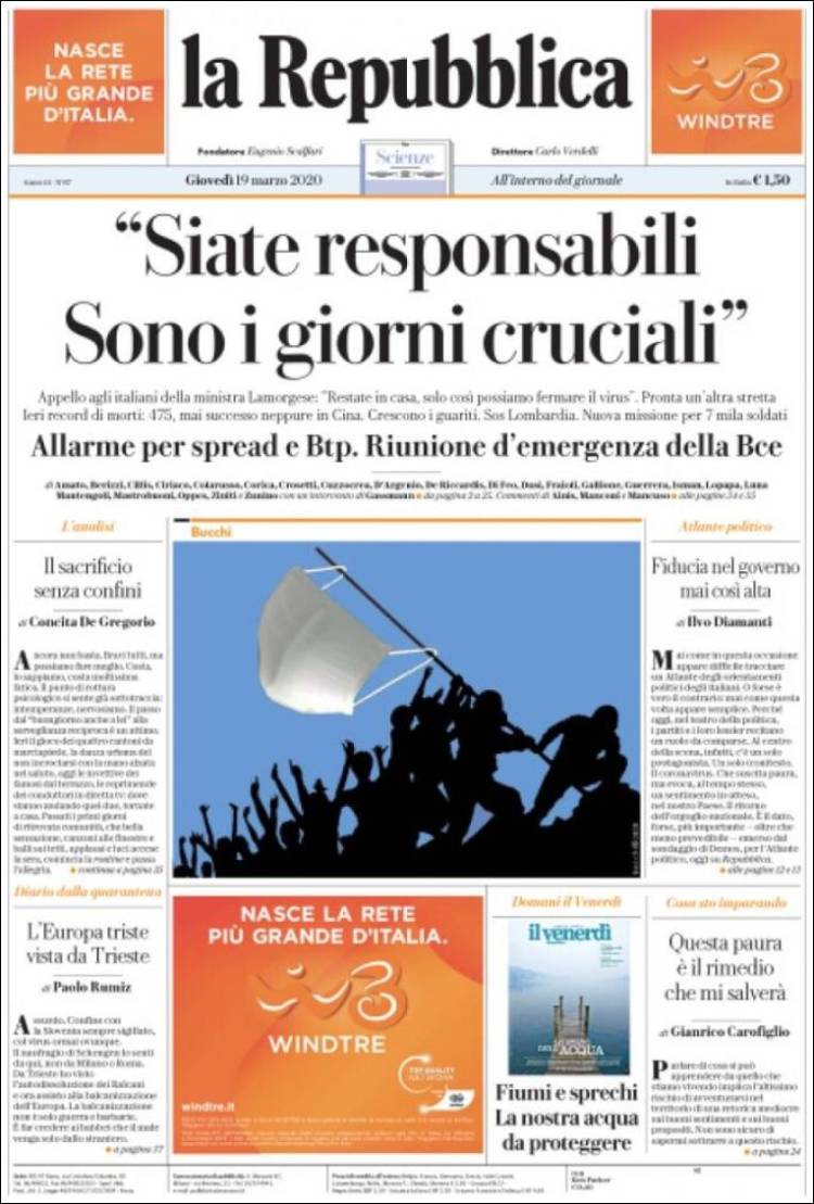 Portada de La Repubblica (Italia)