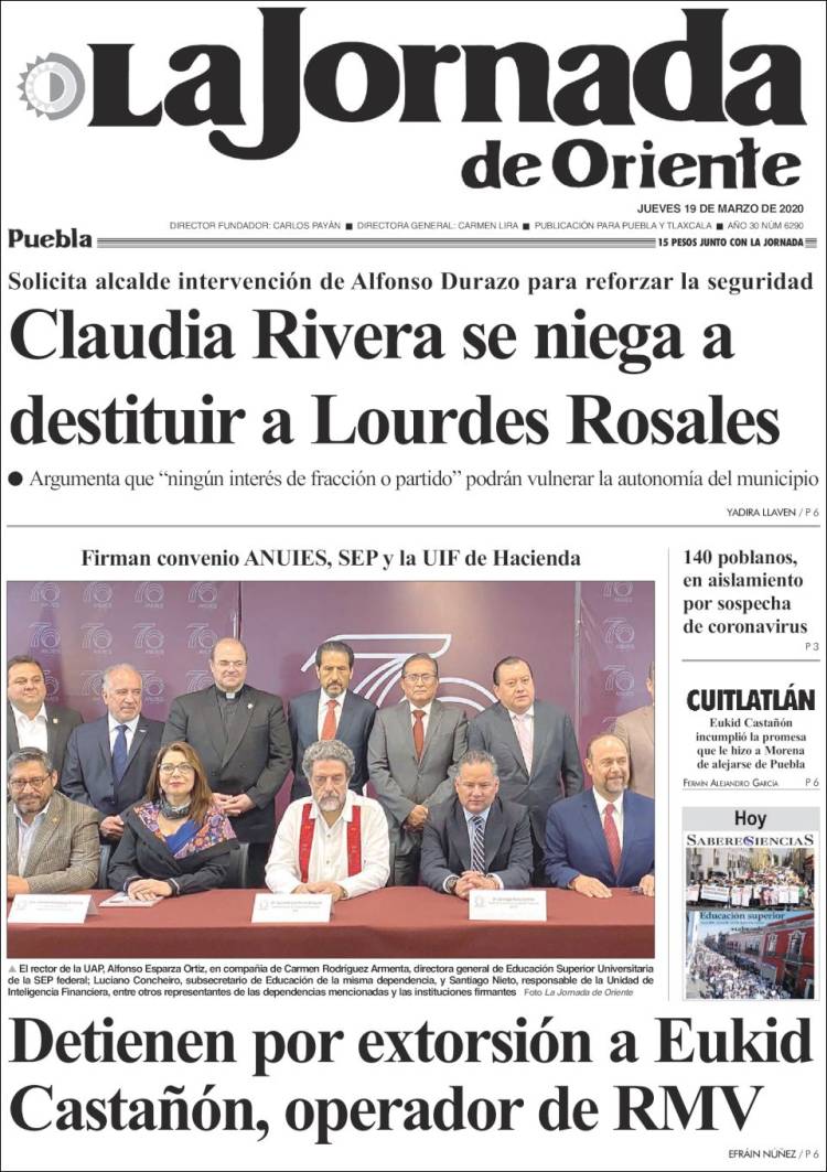 Portada de La Jornada de Oriente - Puebla (M&eacute;xico)