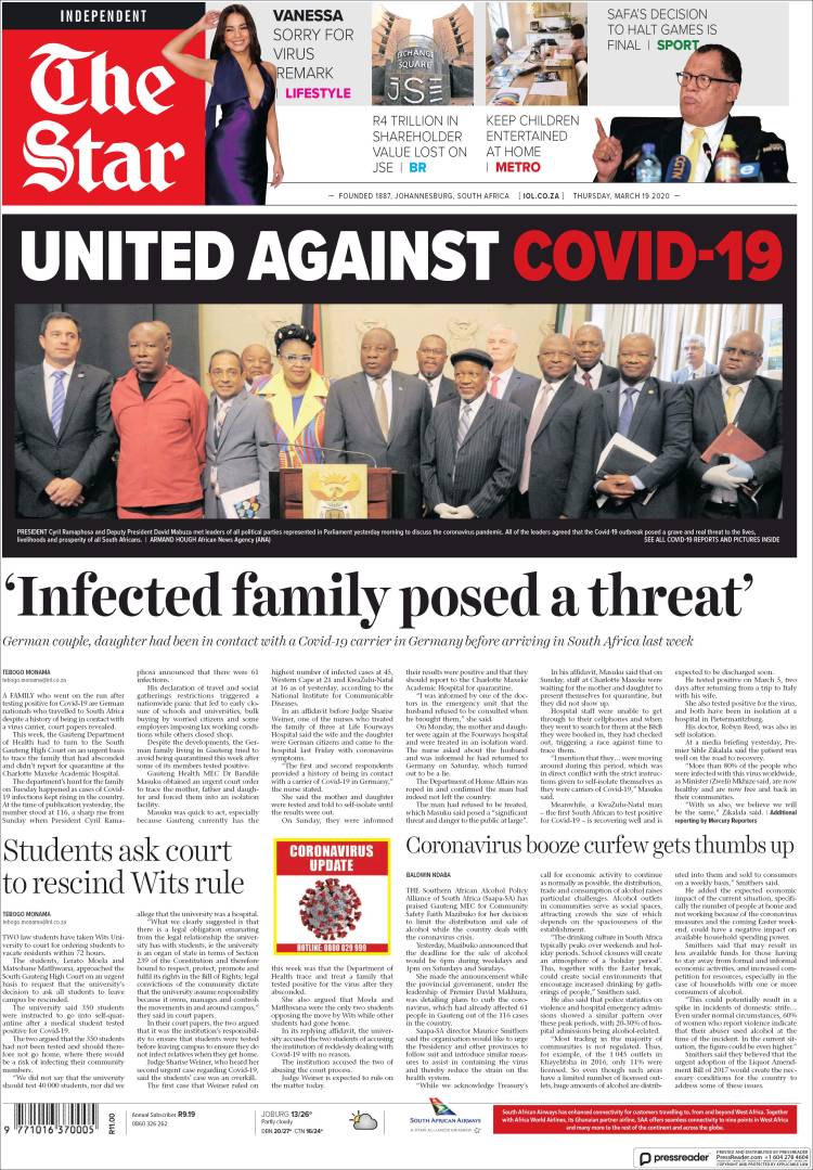 Portada de The Star (Sud&aacute;frica)