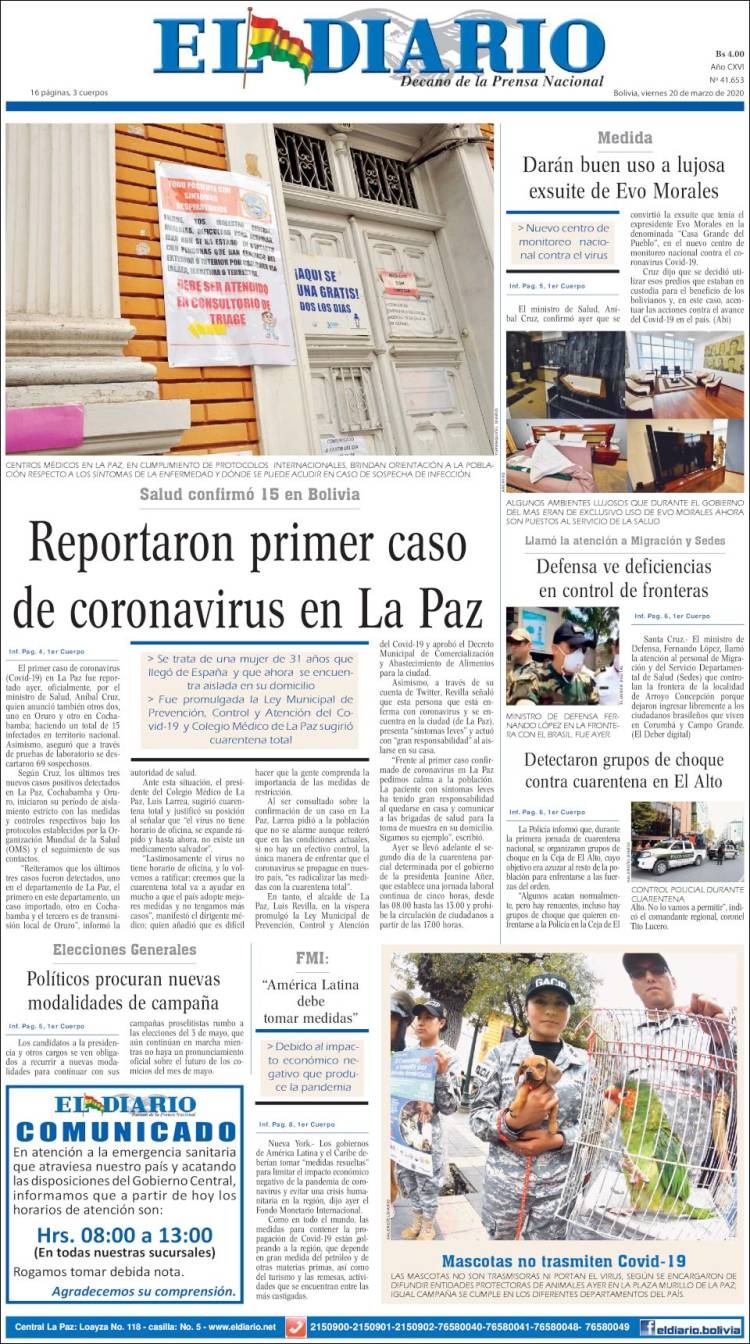 Portada de El Diario (Bolivia)