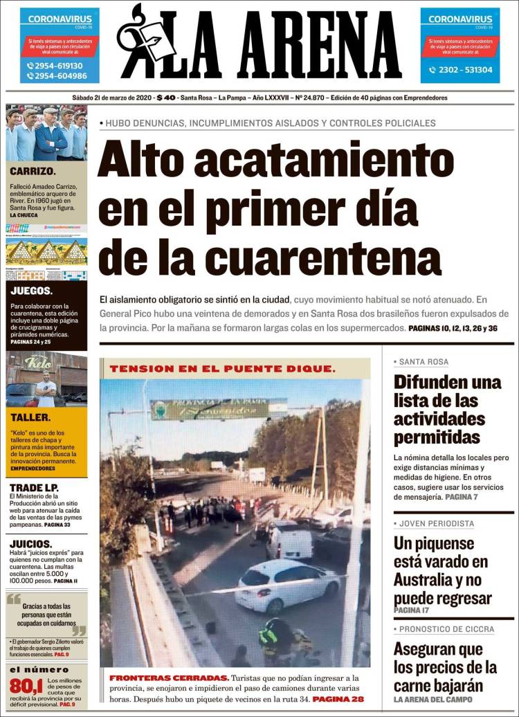 Portada de Diario La Arena (Argentine)