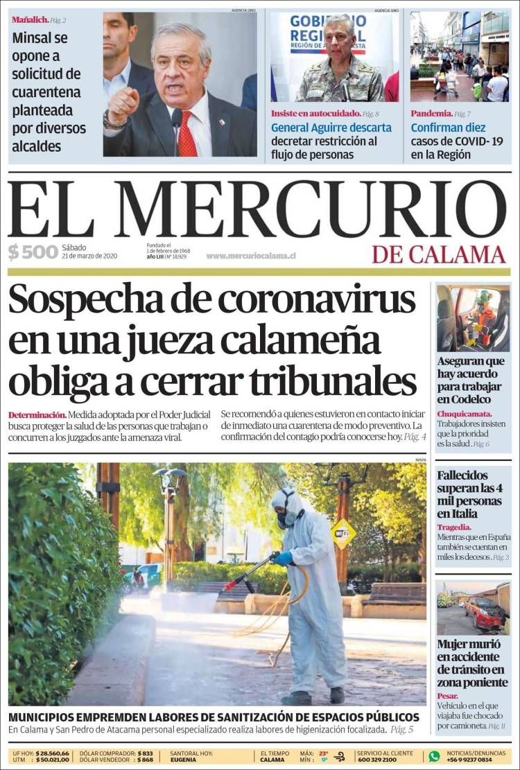 Portada de El Mercurio - Calama (Chile)