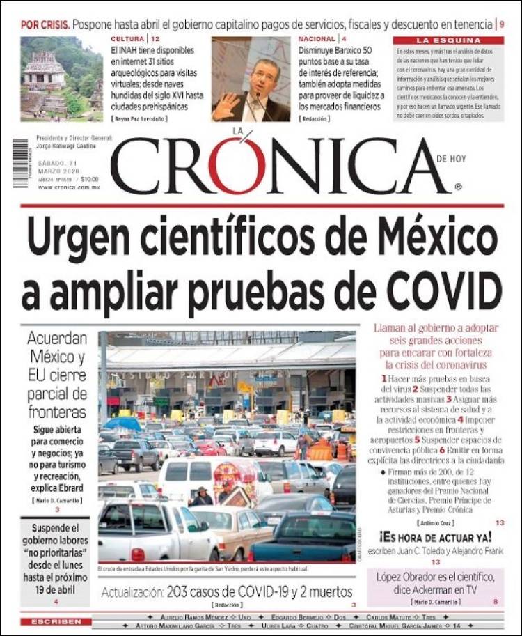 Newspaper La Crónica de Hoy (Mexico). Newspapers in Mexico. Saturday's  edition, March 21 of 2020. 
