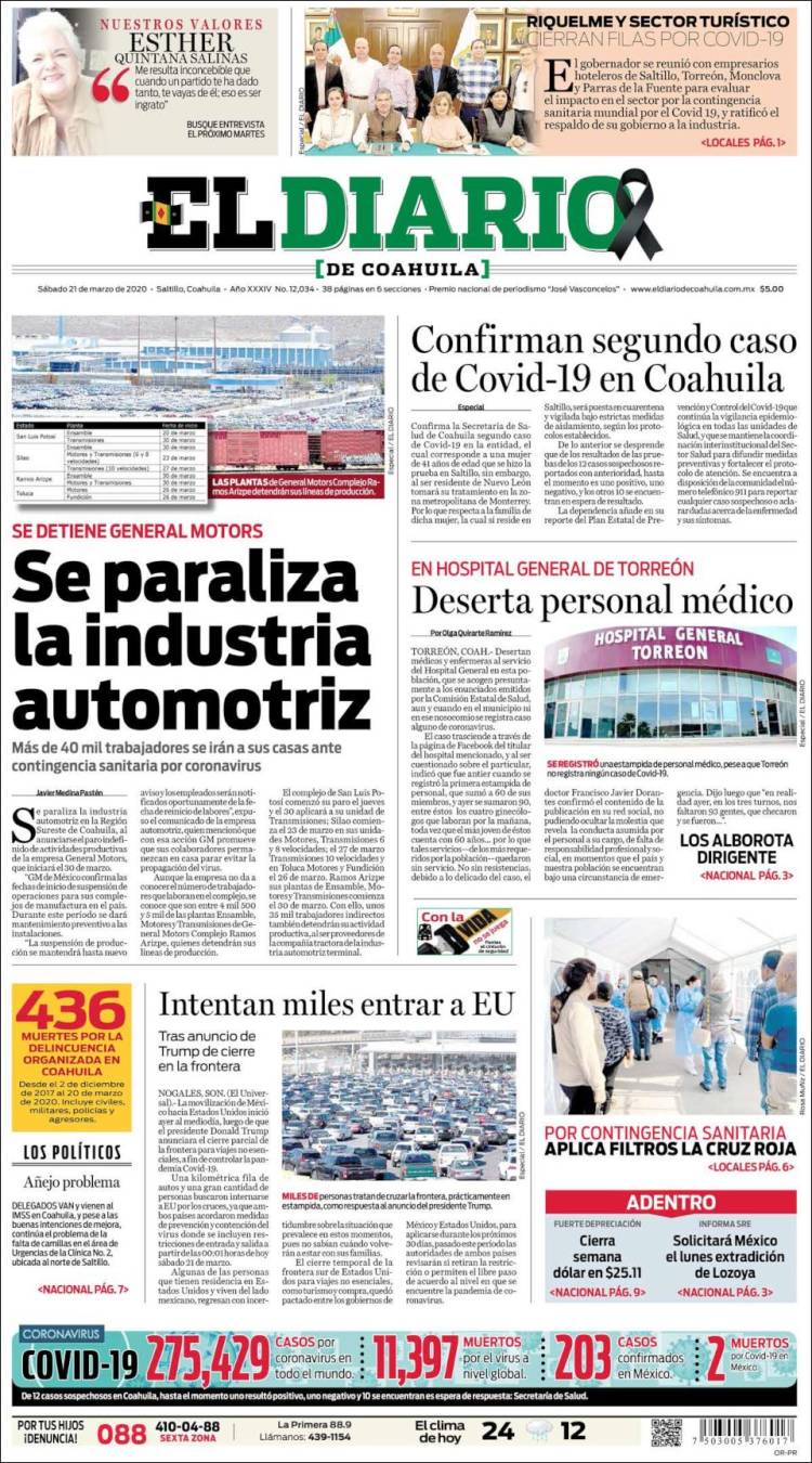 Portada de El Diario de Coahuila (México)