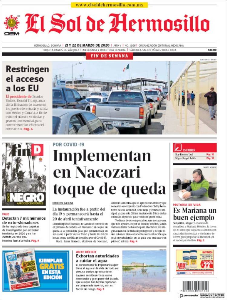 Portada de El Sol de Hermosillo (México)