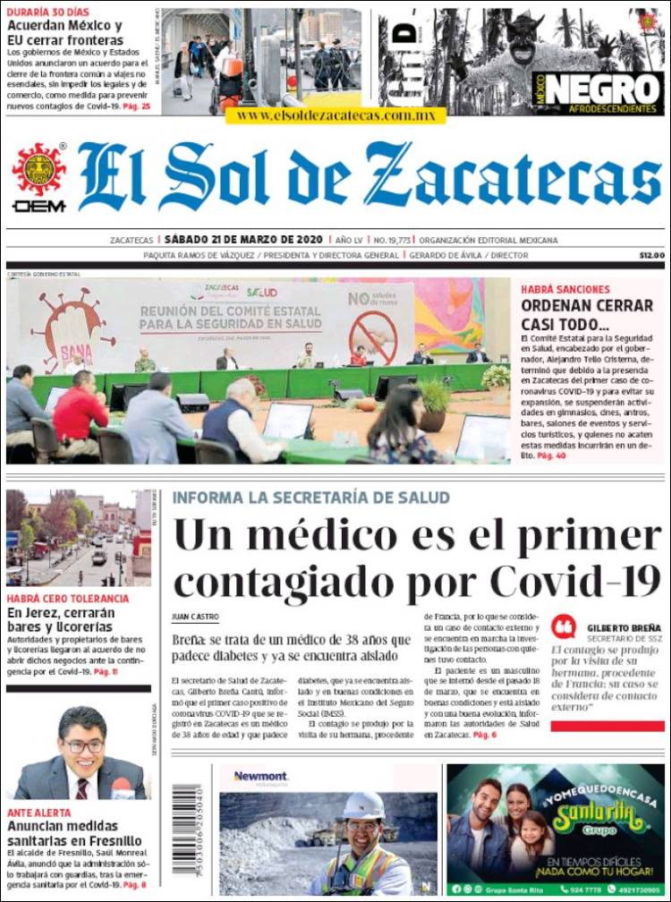 Portada de El Sol de Zacatecas (México)