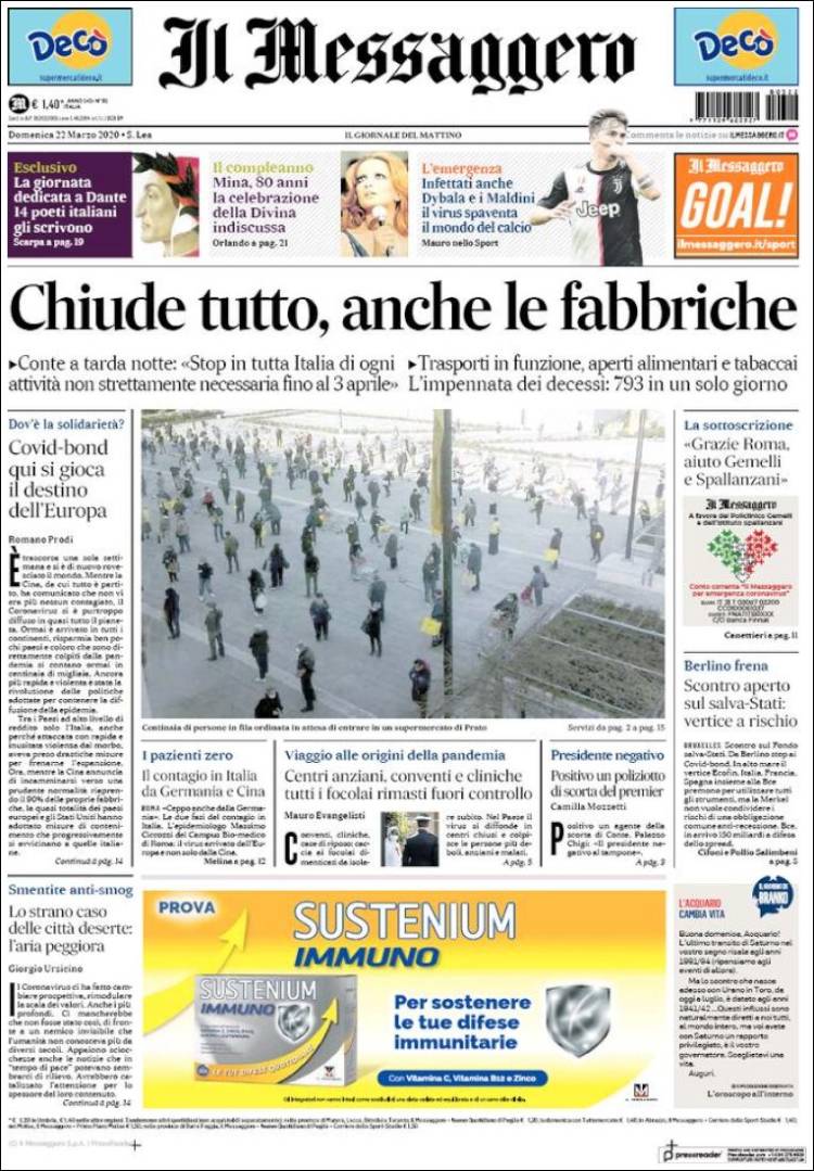 Portada de Il Messaggero (Italia)