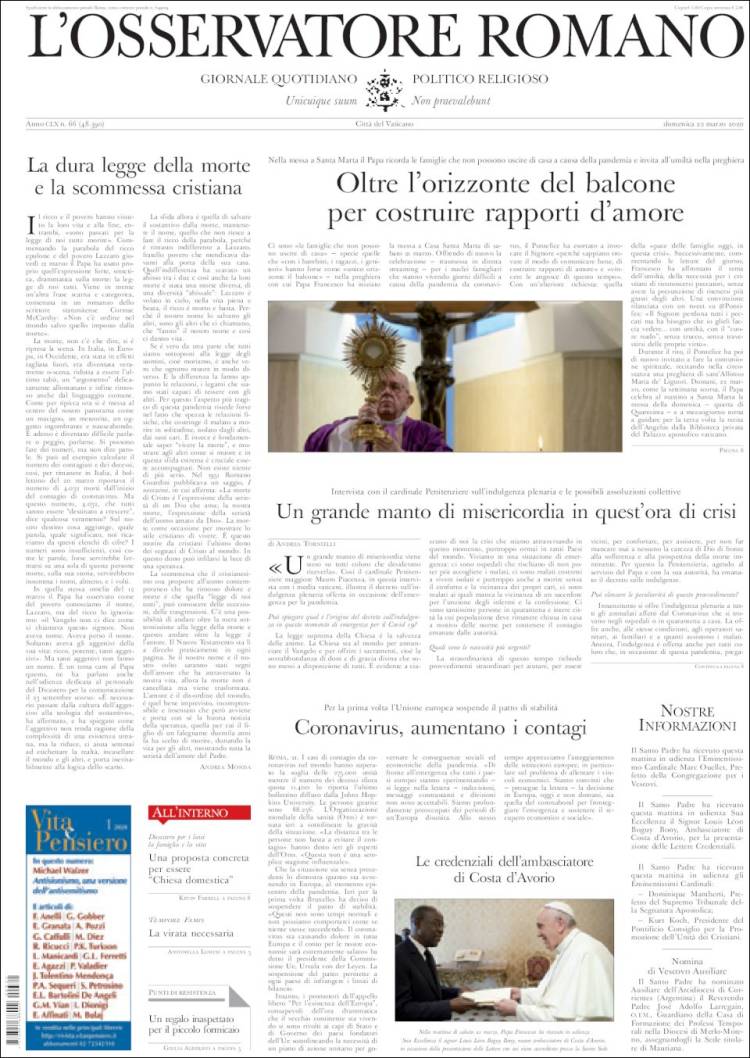 Portada de L'Osservatore Romano (Italia)