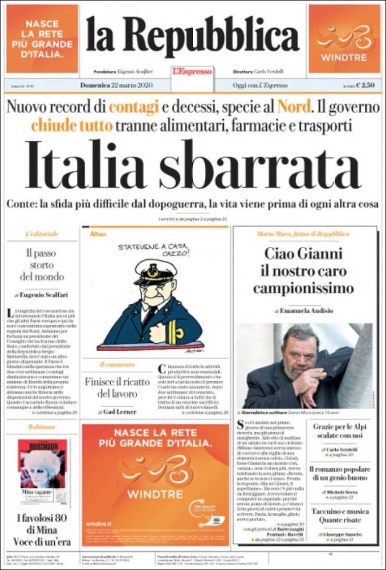 Portada de La Repubblica (Italia)