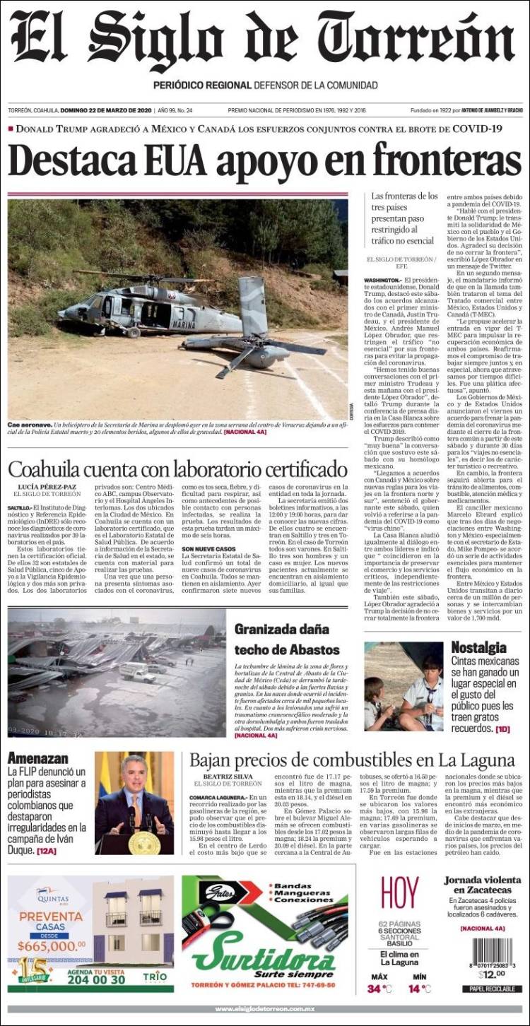 Portada de El Siglo de Torreon (M&eacute;xico)