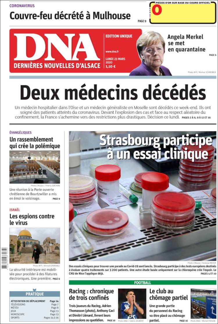 Portada de Les Dernières Nouvelles d'Alsace (Francia)