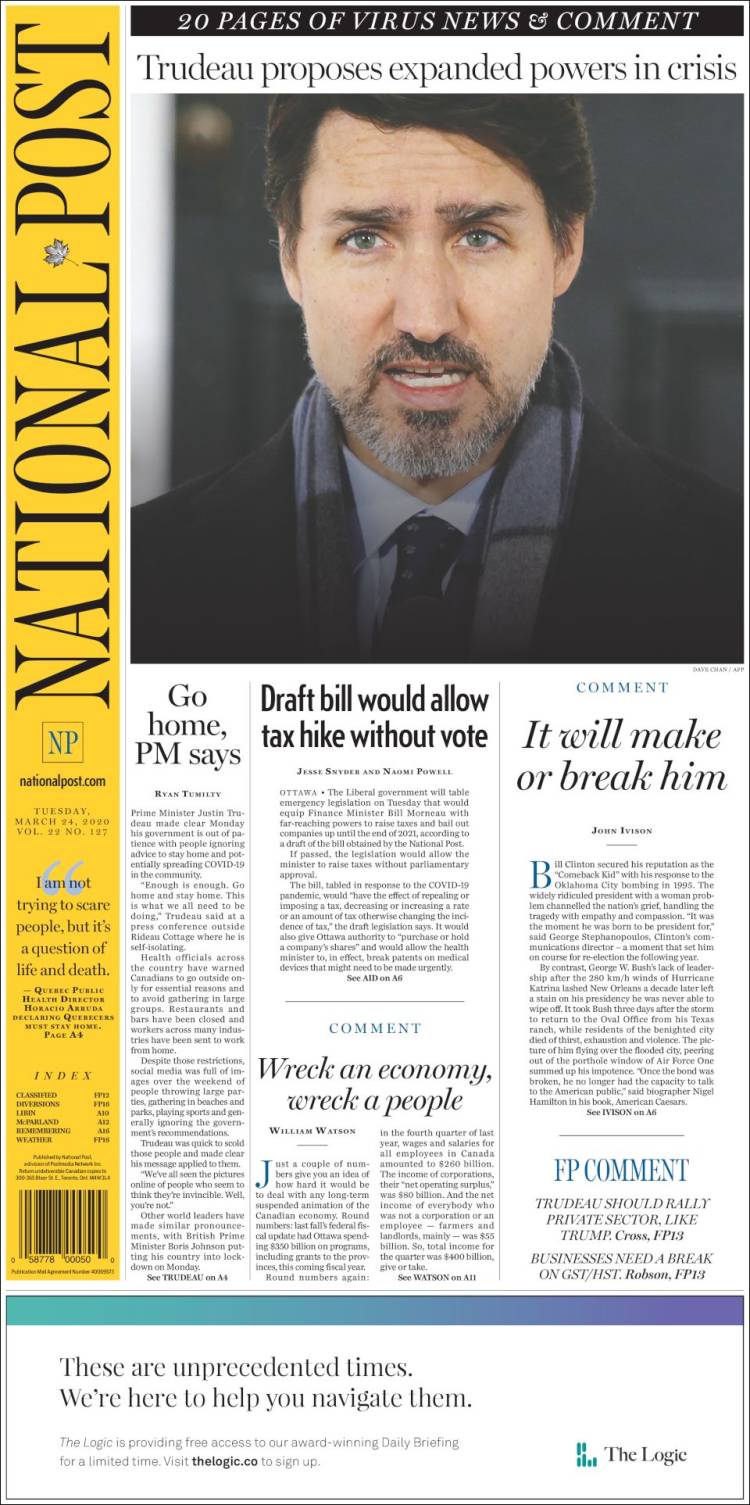 Portada de The National Post (Canadá)