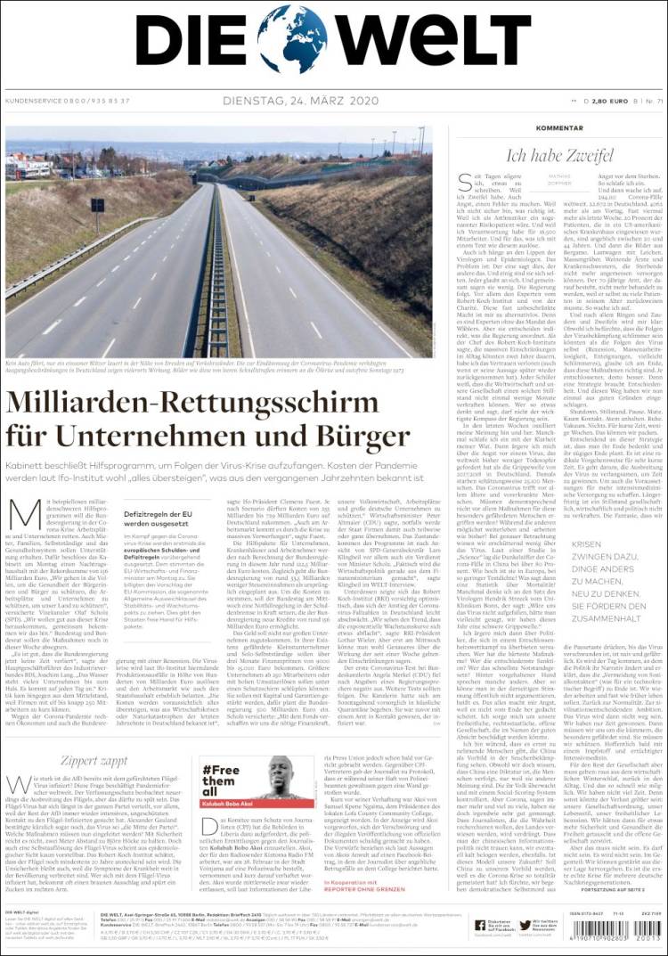 Portada de Die Welt (Alemania)