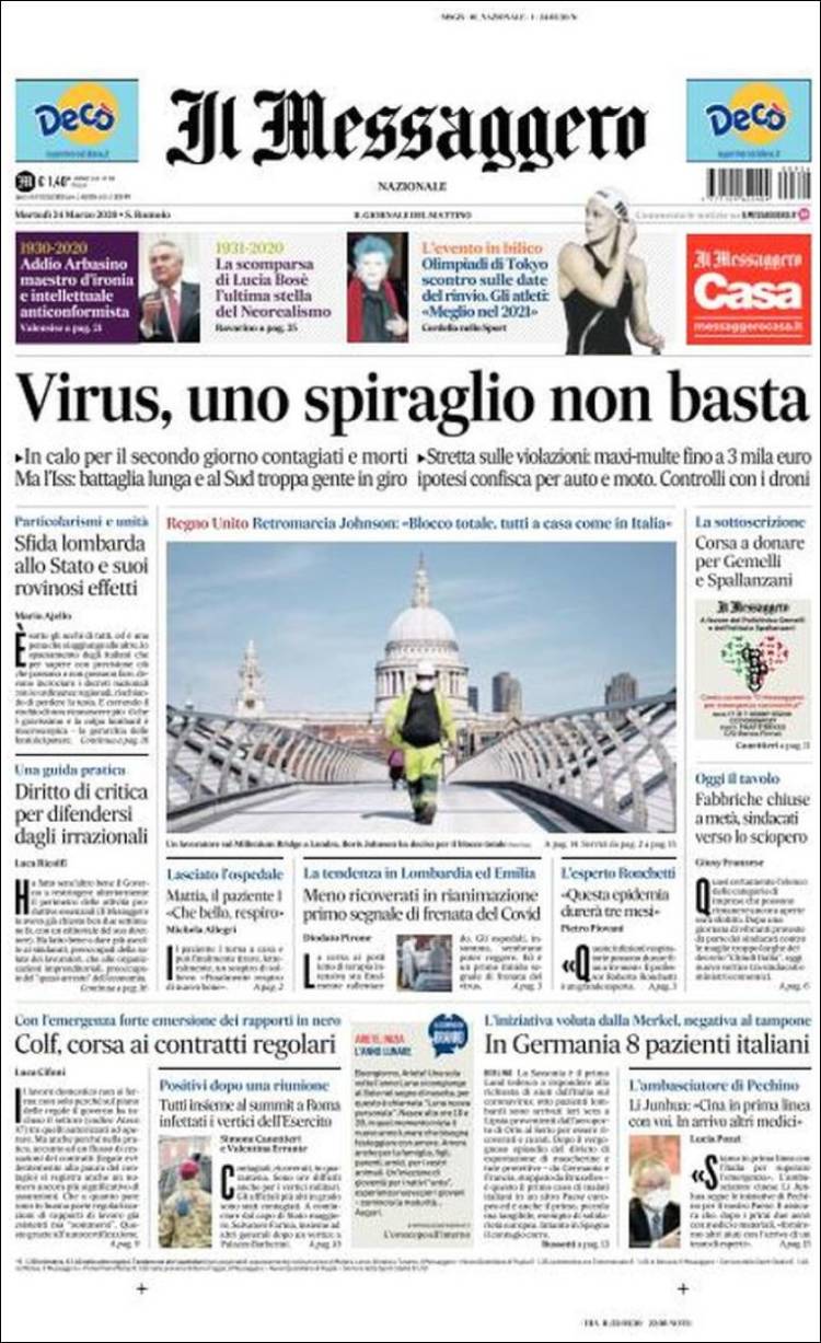 Portada de Il Messaggero (Italia)