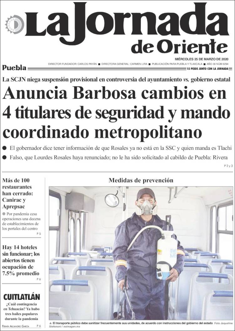 Portada de La Jornada de Oriente - Puebla (M&eacute;xico)