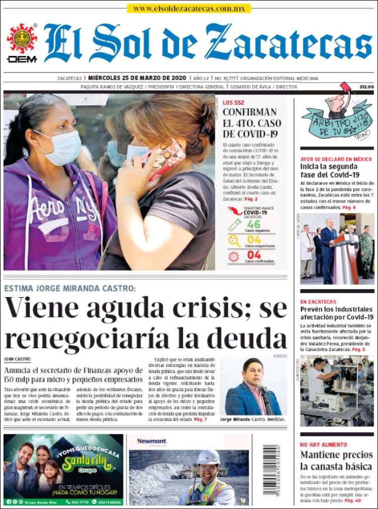 Portada de El Sol de Zacatecas (M&eacute;xico)