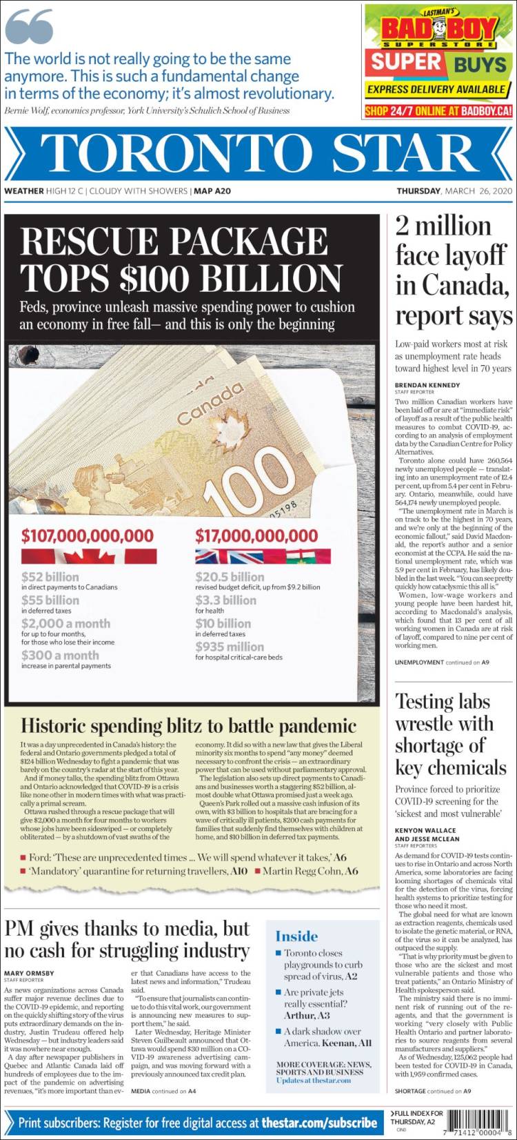 Portada de The Toronto Star (Canadá)