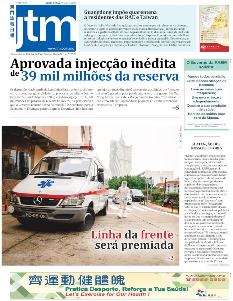 Portada de Jornal Tribuna de Macau (China)