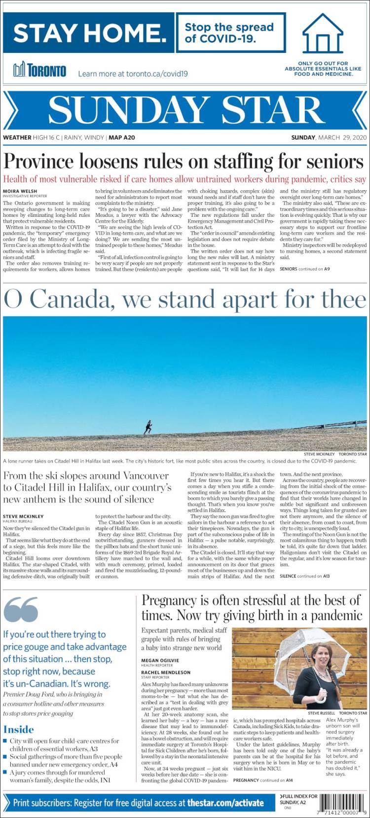 Portada de The Toronto Star (Canadá)