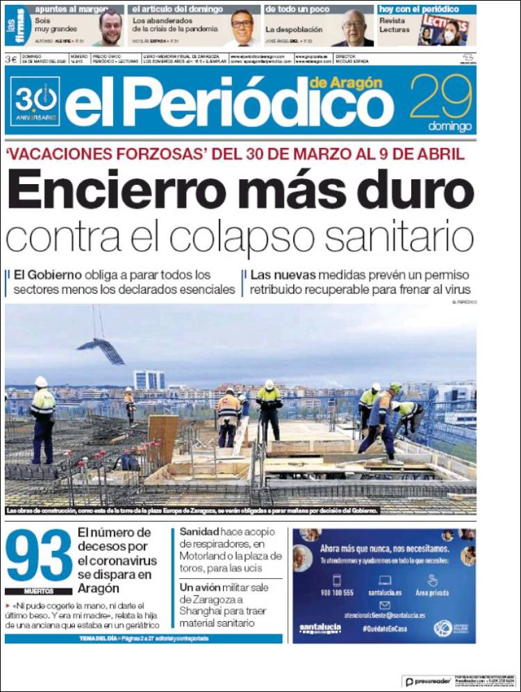 Portada de El Periódico de Aragón (España)