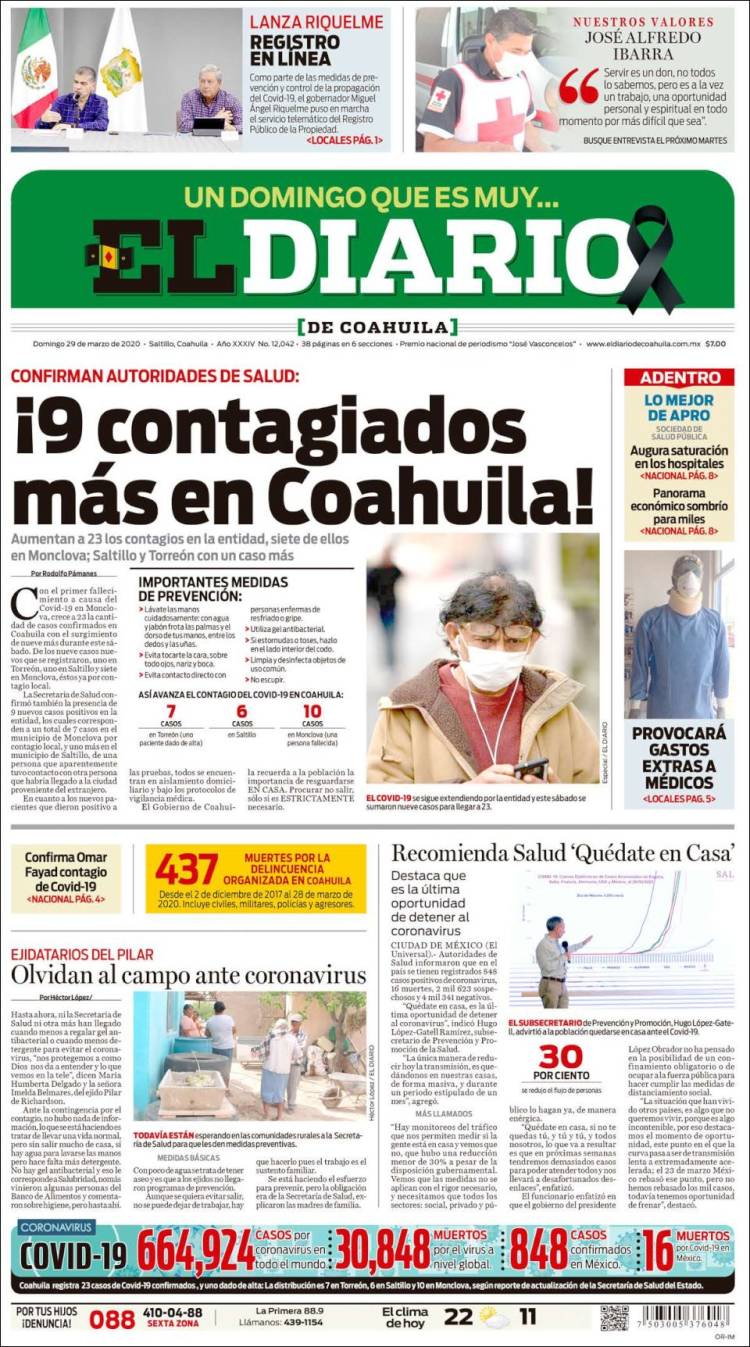 Portada de El Diario de Coahuila (México)