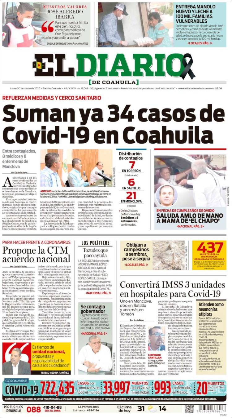 Portada de El Diario de Coahuila (México)