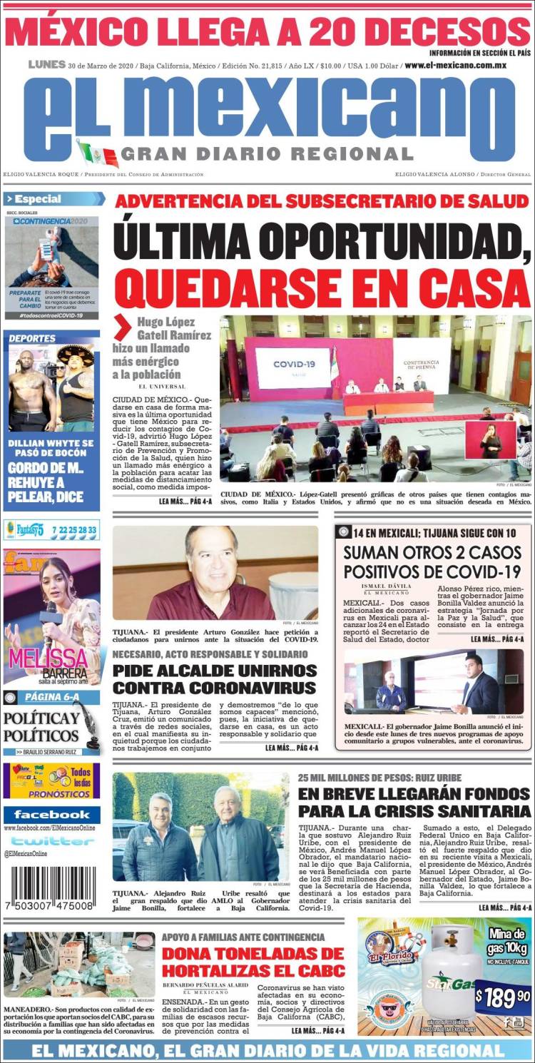 Portada de El Mexicano - El Gran Diario Regional (Mexico)