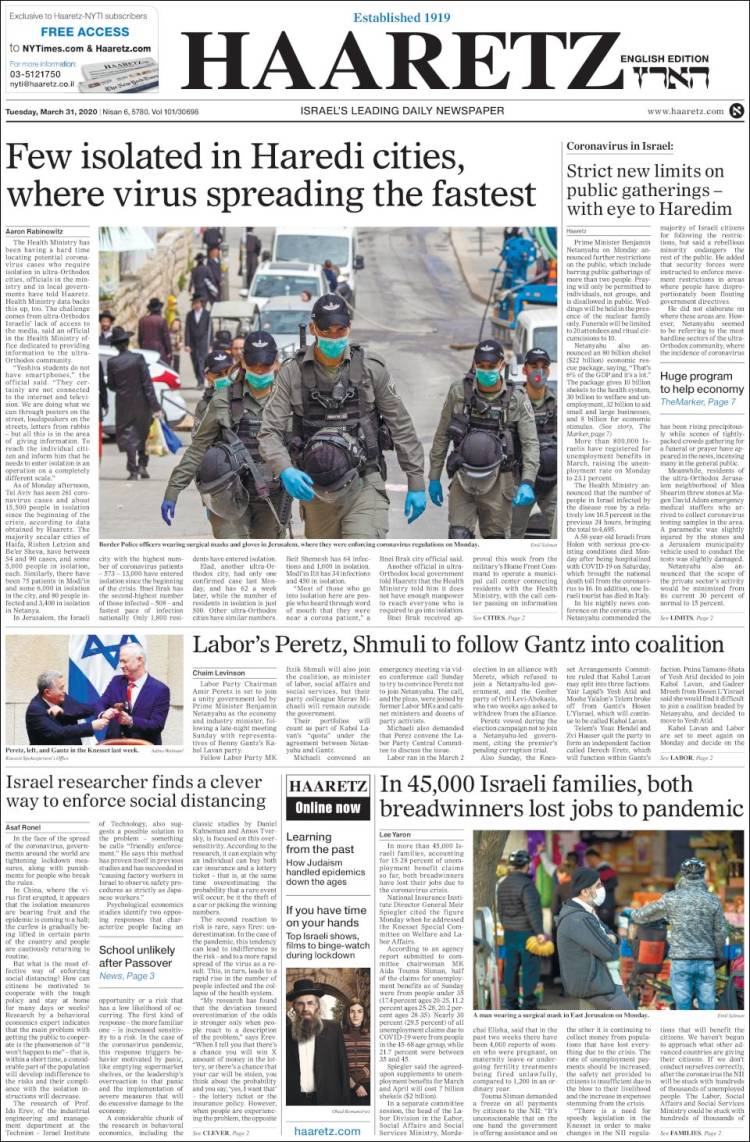 Portada de Haaretz (Israel)