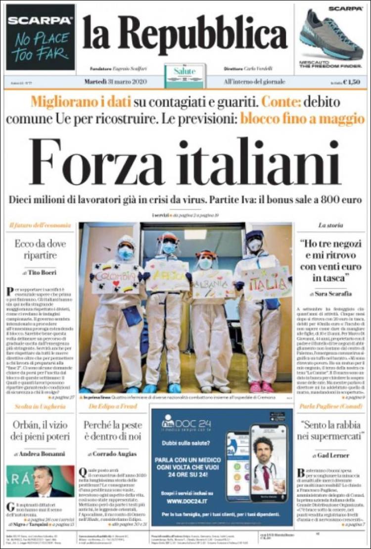 Portada de La Repubblica (Italia)