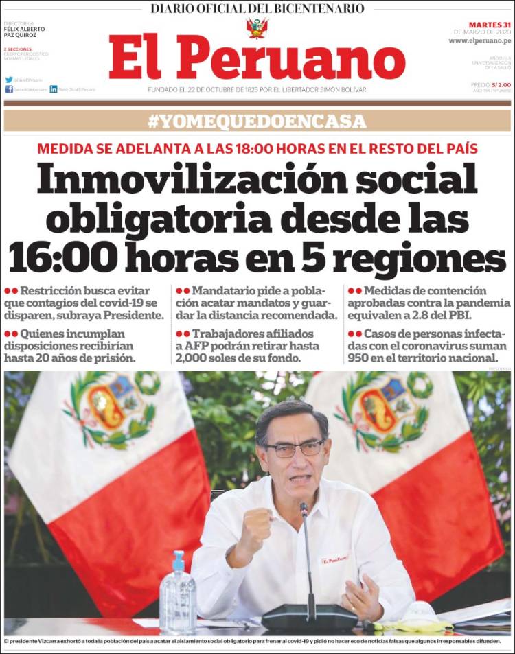 Portada de El Peruano (Perú)