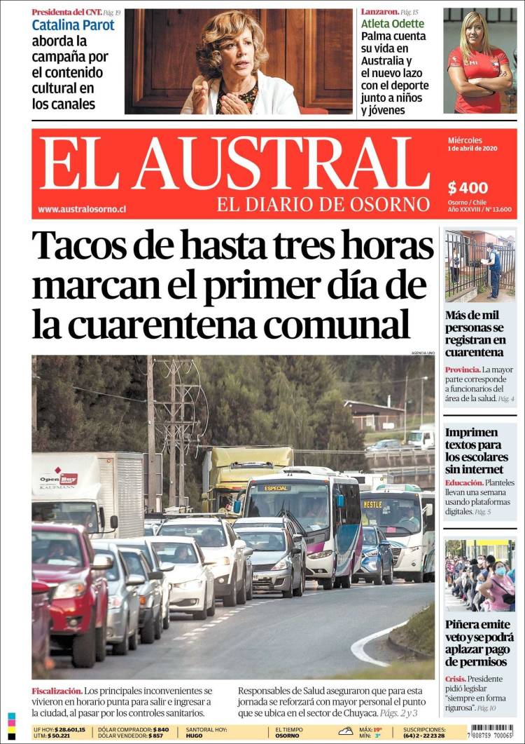 Portada de El Austral de Osorno (Chile)