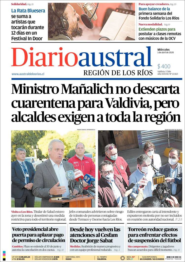 Portada de El Diario Austral de Valdivia (Chile)