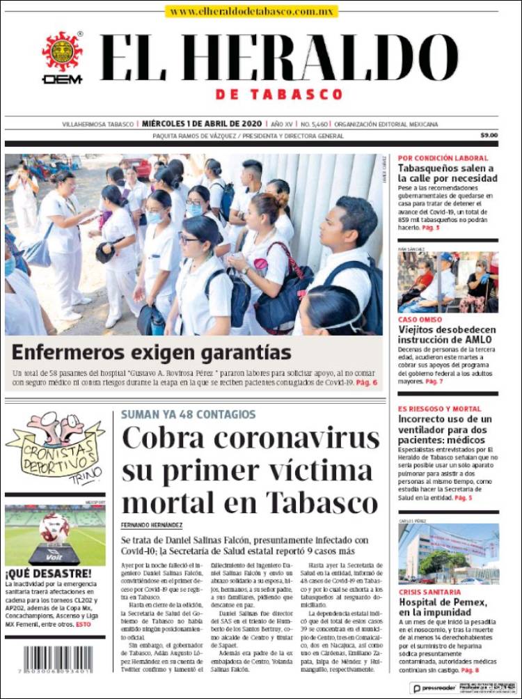Portada de El Heraldo de Tabasco (M&eacute;xico)