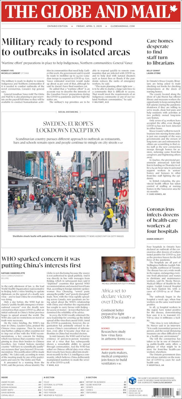 Portada de The Globe and Mail (Canad&aacute;)