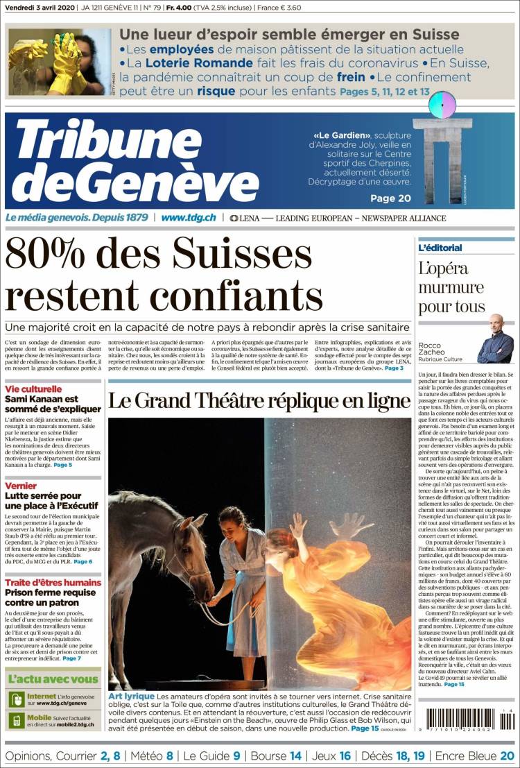 Portada de La Tribune de Genève (Suiza)