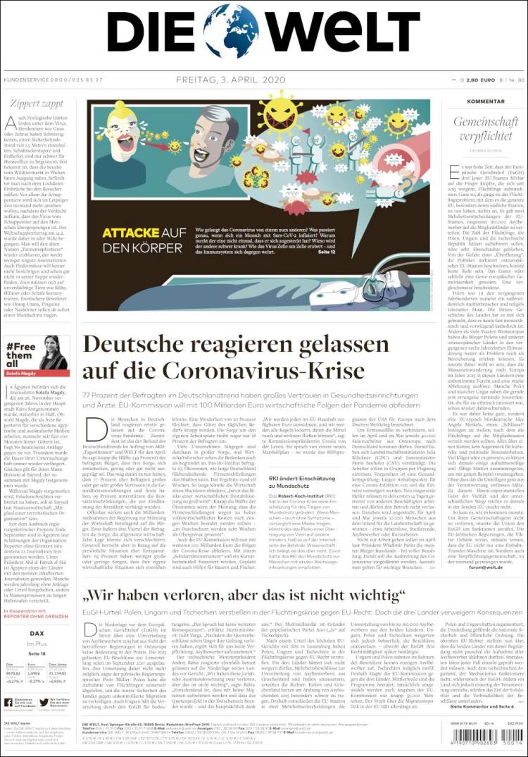 Portada de Die Welt (Alemania)